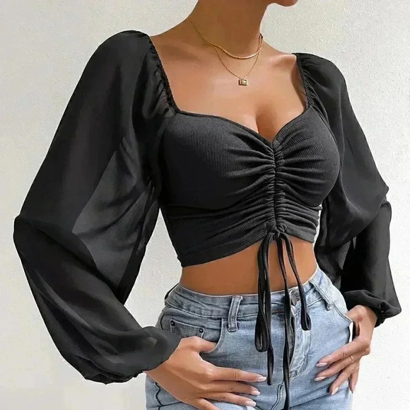 Black Casual Women's Sweetheart Neck Drawstring Lantern Sleeve Crop Top - Picture 5 of 5